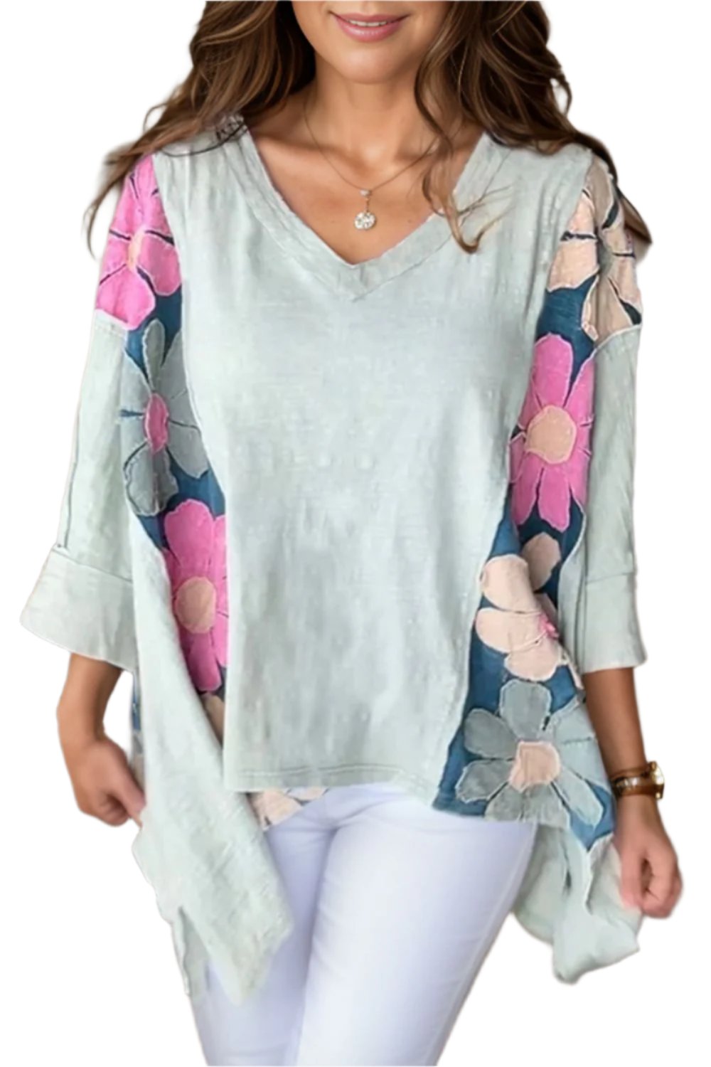 Slit Floral V-Neck Three-Quarter Sleeve Blouse - T - 2 COLORS -