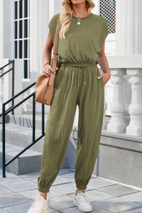 Thumbnail for Round Neck Cap Sleeve Jumpsuit - T - 6 COLORS -