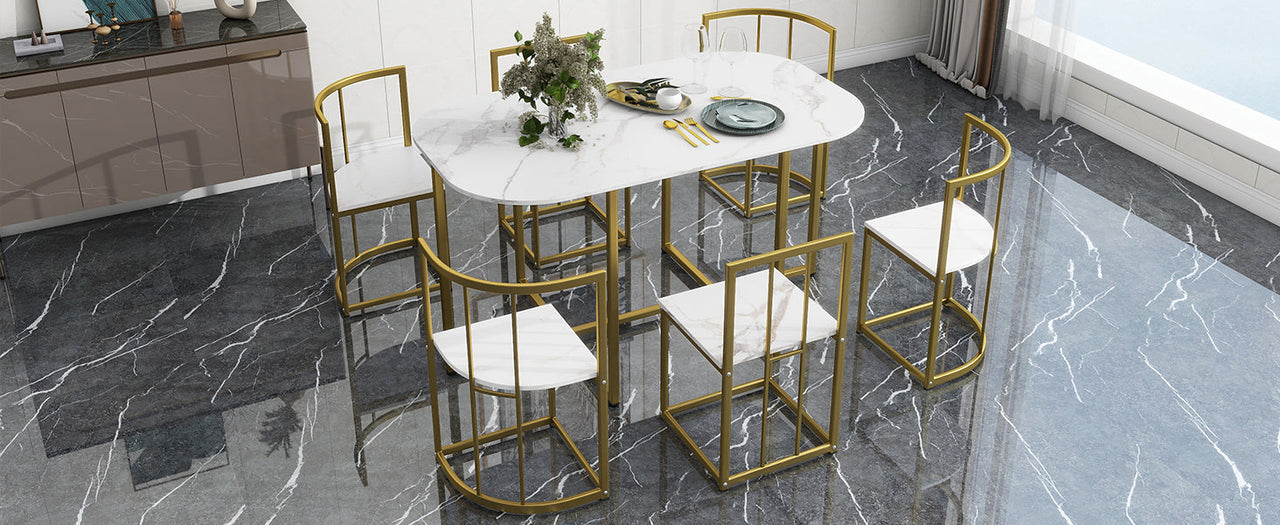 Modern 7-Piece Dining Table Set With Faux Marble Compact 55Inch Kitchen Table Set for 6, Golden+White