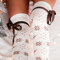 Thumbnail for Christmas Element Bowknot Ribbed Trim Over Knee Stockings