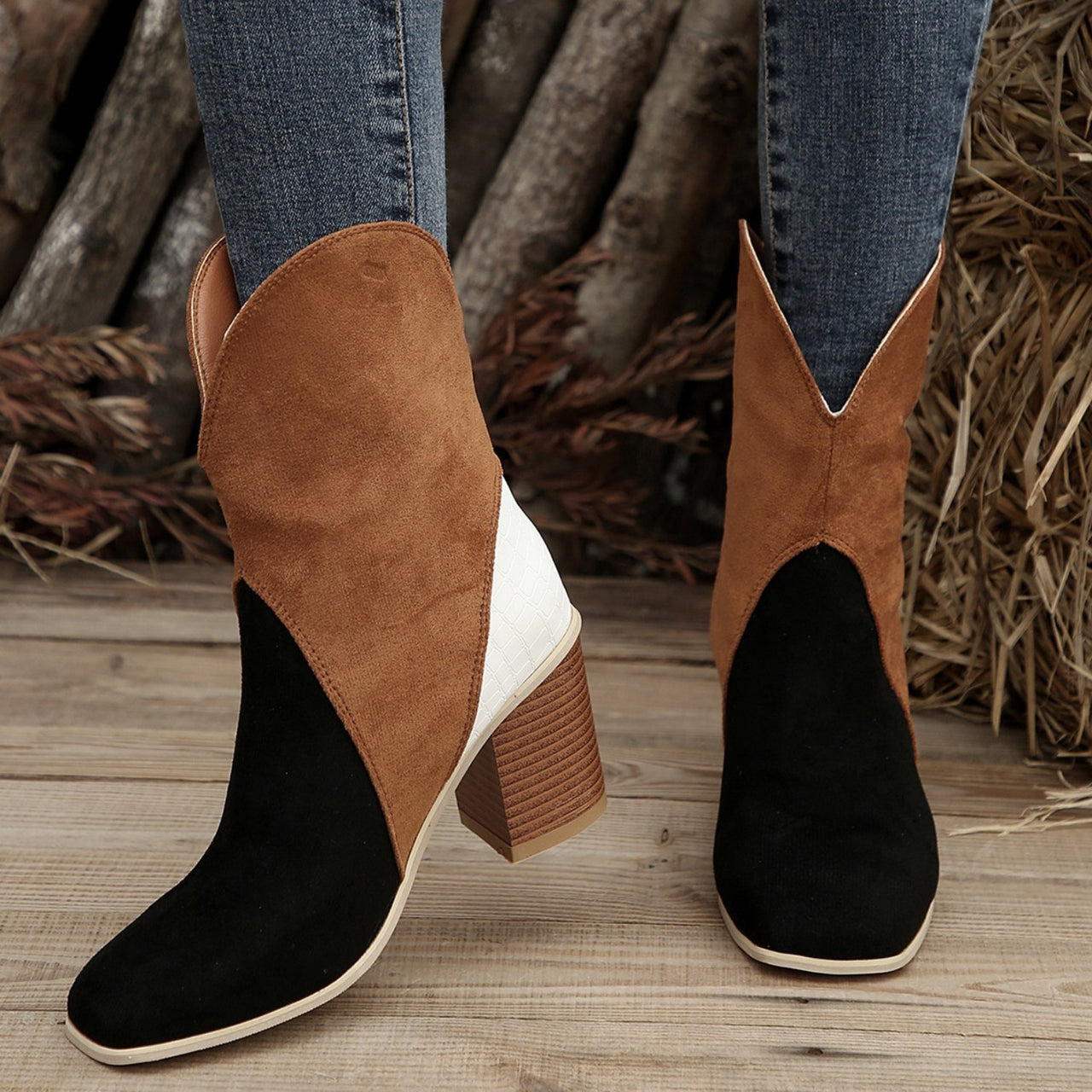 Suede Square Toe Block Heel Boots - T - 4 COLORS -