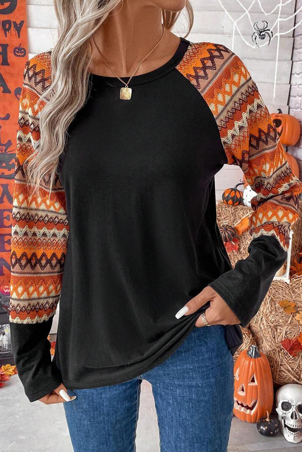 Printed Round Neck Long Sleeve Top - T - 1 COLOR -