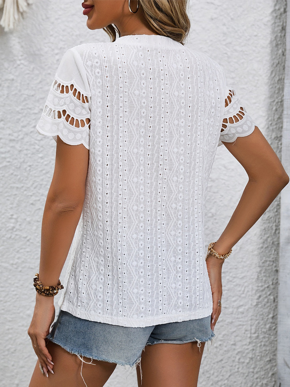 Full Size Eyelet Round Neck Short Sleeve Top - T - 11 COLORS -