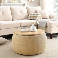 Thumbnail for Round Storage Ottoman, 2 in 1 Function, Work as End Table and Ottoman, Natural (25.5