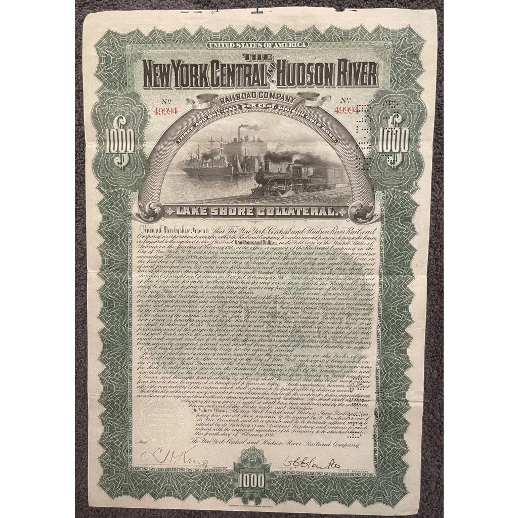 Antique 1898 New York Central and Hudson River Railroad Co. Gold Bond Certificate