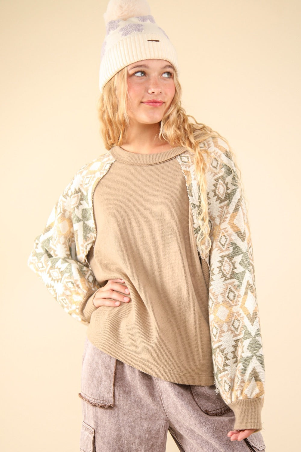 VERY J Printed Long Sleeve Round Neck Knit Top - T - 1 COLOR -