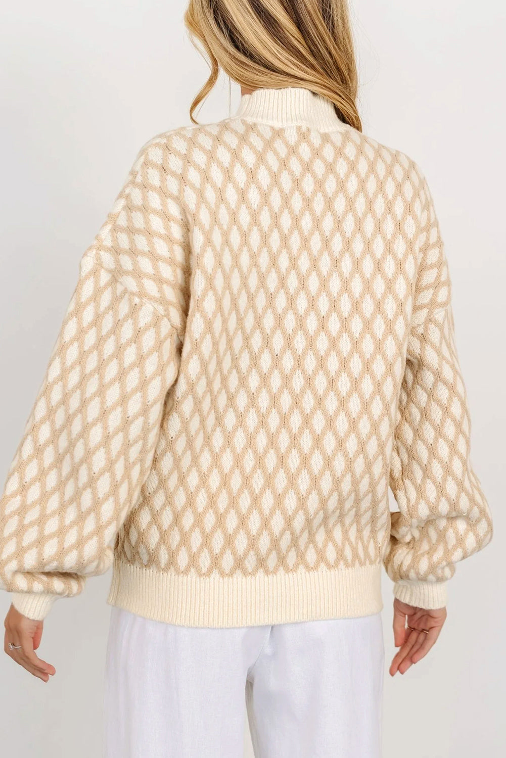 Diamond Pattern Mock Neck Long Sleeve Sweater - T - 1 COLOR -