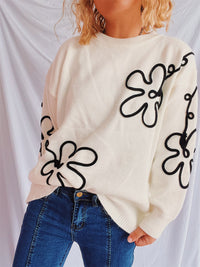 Thumbnail for Flower Round Neck Long Sleeve Sweater - 1 OVERSIZE - T - 3 COLORS -