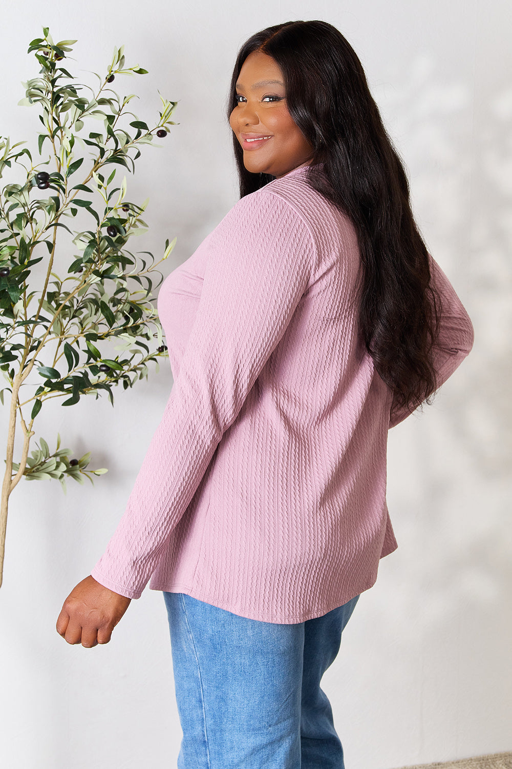 Celeste Full Size Texture Half Button Long Sleeve Blouse - SIZES S THRU 3XL - T - 1 COLOR -