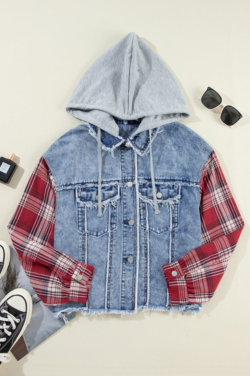 Raw Hem Drawstring Plaid Denim Jacket - T - 1 COLOR -