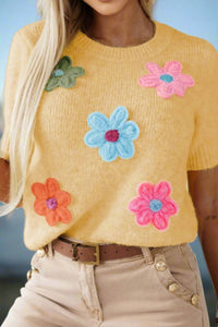 Thumbnail for Flower Round Neck Short Sleeve Sweater - S,M,L ONLY - T - 1 COLOR -