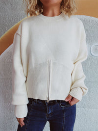 Thumbnail for Round Neck Half Zip Long Sleeve Sweater - 1 OVERSIZE - T - 4 COLORS -