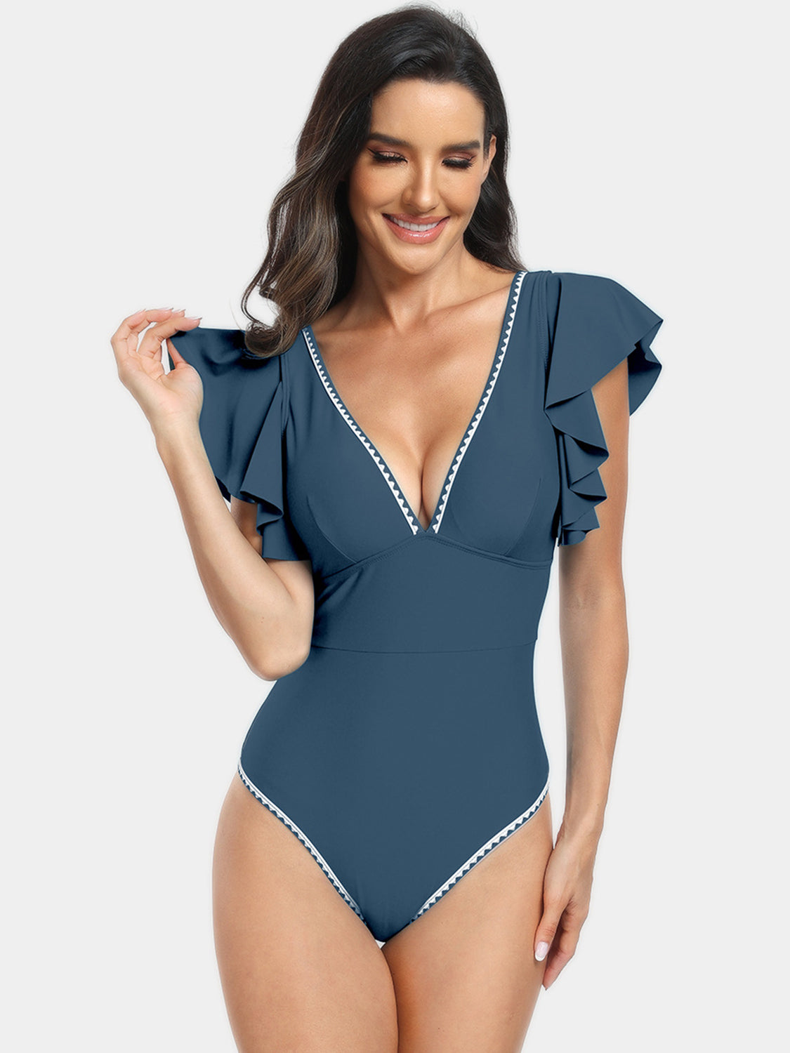 Plunge Cap Sleeve One-Piece Swimwear - T - 6 COLORS -