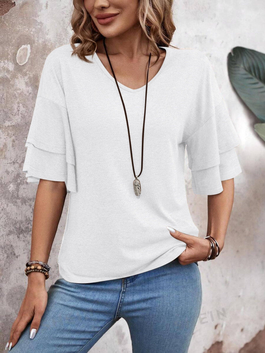 V-Neck Half Sleeve Blouse - T - 5 COLORS -