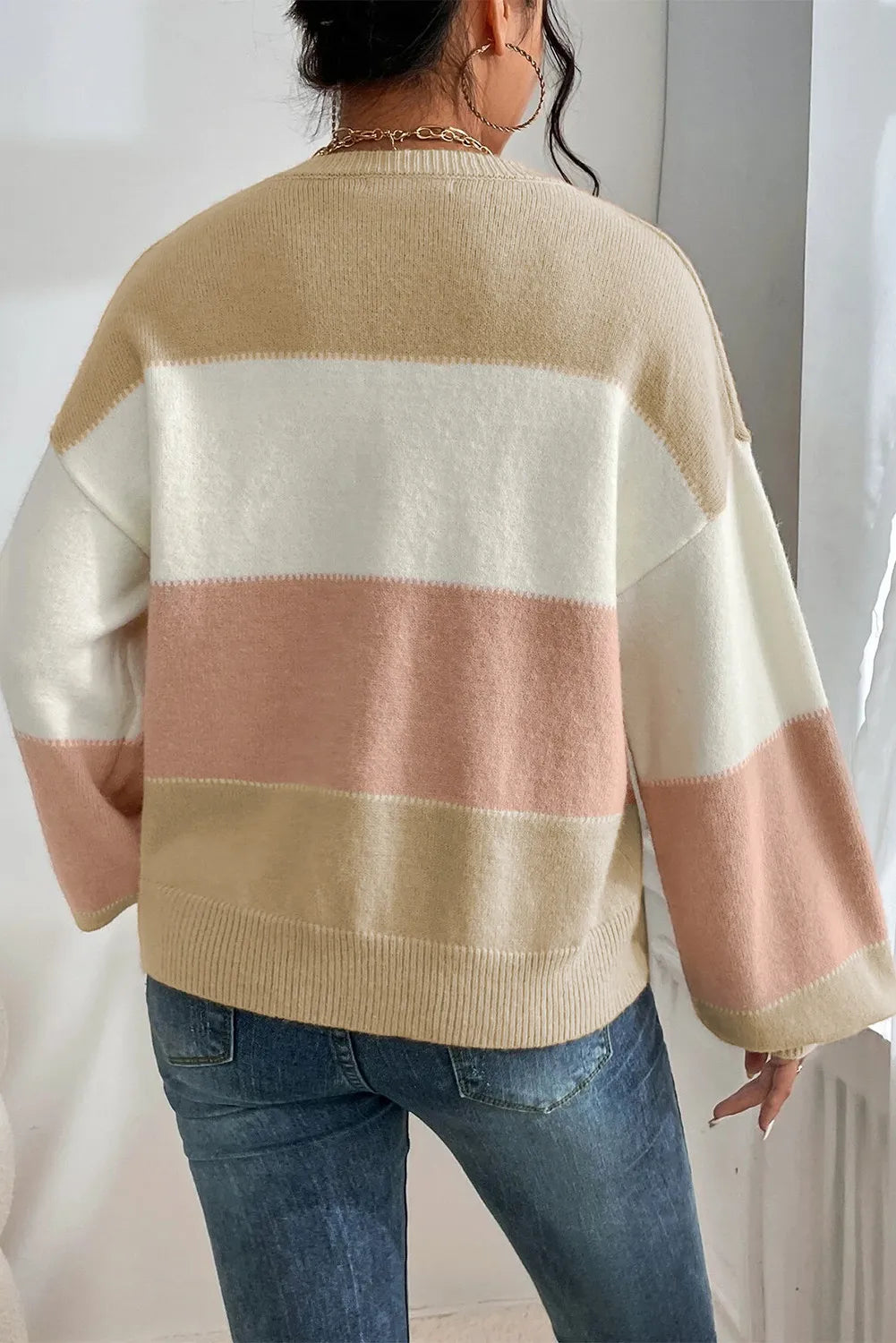 Color Block Round Neck Lantern Sleeve Sweater - T - 1 COLOR -