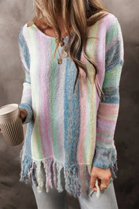 Thumbnail for Fringe Color Block Round Neck Sweater - T - 1 COLOR -