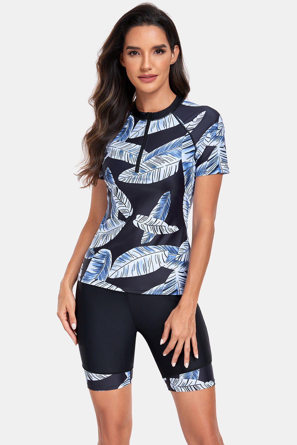 Printed Round Neck Short Sleeve Two-Piece Swim Set - T - 1 COLOR -