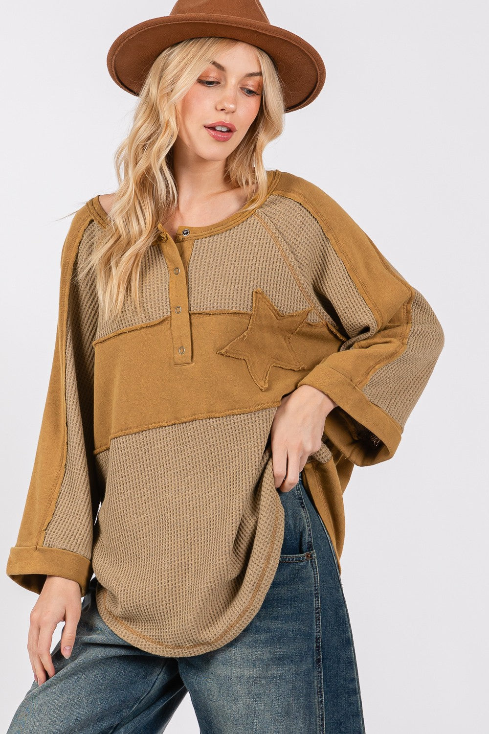 SAGE + FIG Star Applique Patch Exposed Seam Waffle Knit Top - T - 1 COLOR -