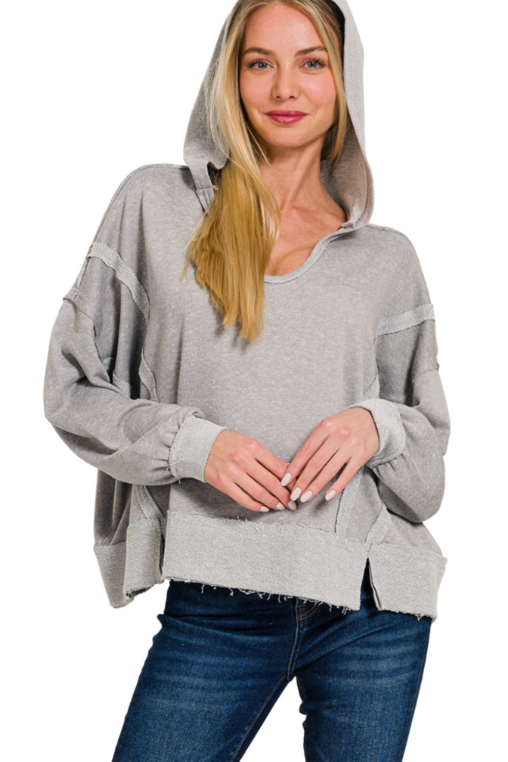 Zenana Contrast Trim Slit Hoodie - 2 SIZE COMBOS - T - 1 COLOR -