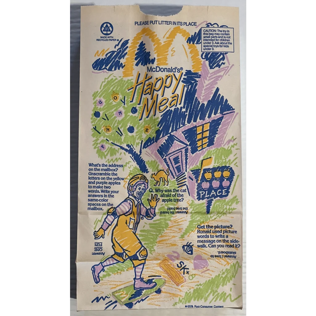 Vintage 1990s McDonald's Happy Meal Bag, Ronald McDonald, Hamburglar, Birdie