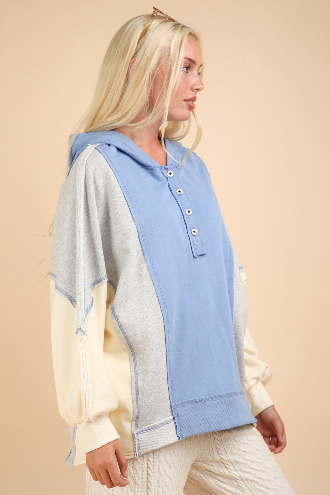 VERY J Exposed Seam Color Block Half Button Hoodie - T - 1 COLOR -