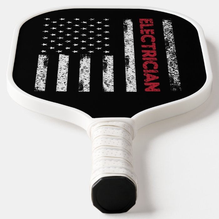 American Flag With Words Electrician Pickleball Paddle - 2 GRIP COLORS -