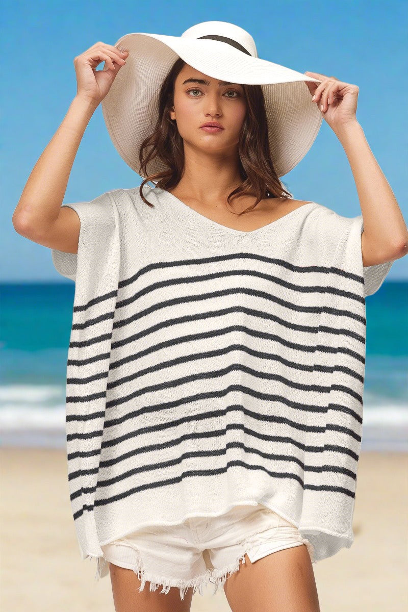 BiBi V Neck Striped Short Sleeve Top - Beach or Everyday - T - 1 COLOR -