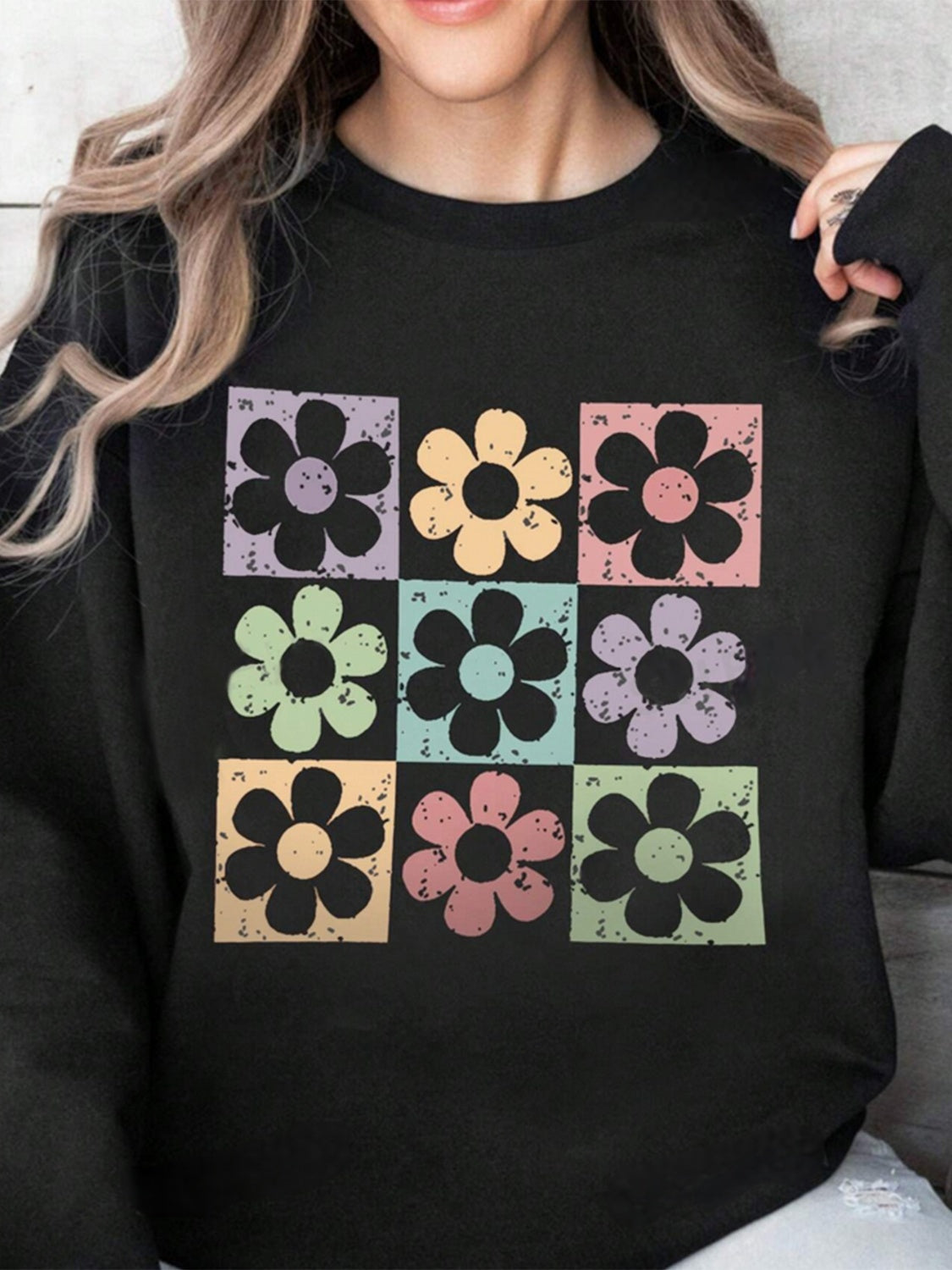 Flower Round Neck Long Sleeve Sweatshirt - T - 1 COLOR -