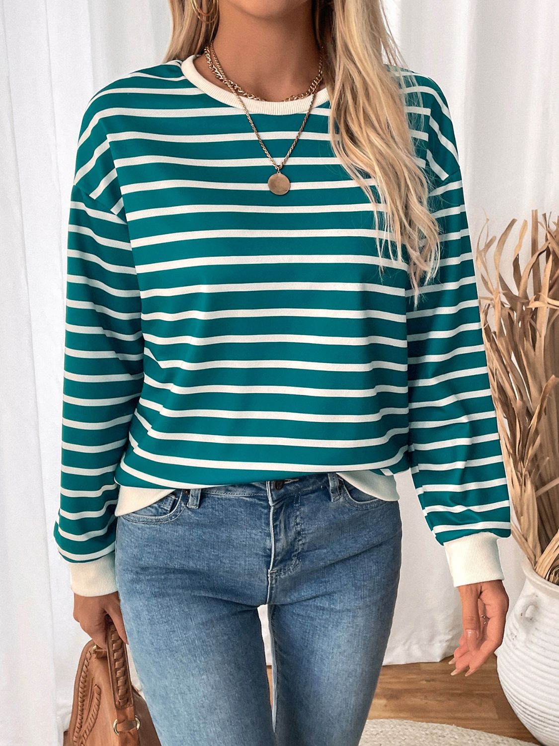 Perfee Striped Contrast Round Neck Long Sleeve Sweatshirt - T - 1 COLOR -