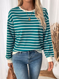 Thumbnail for Perfee Striped Contrast Round Neck Long Sleeve Sweatshirt - T - 1 COLOR -