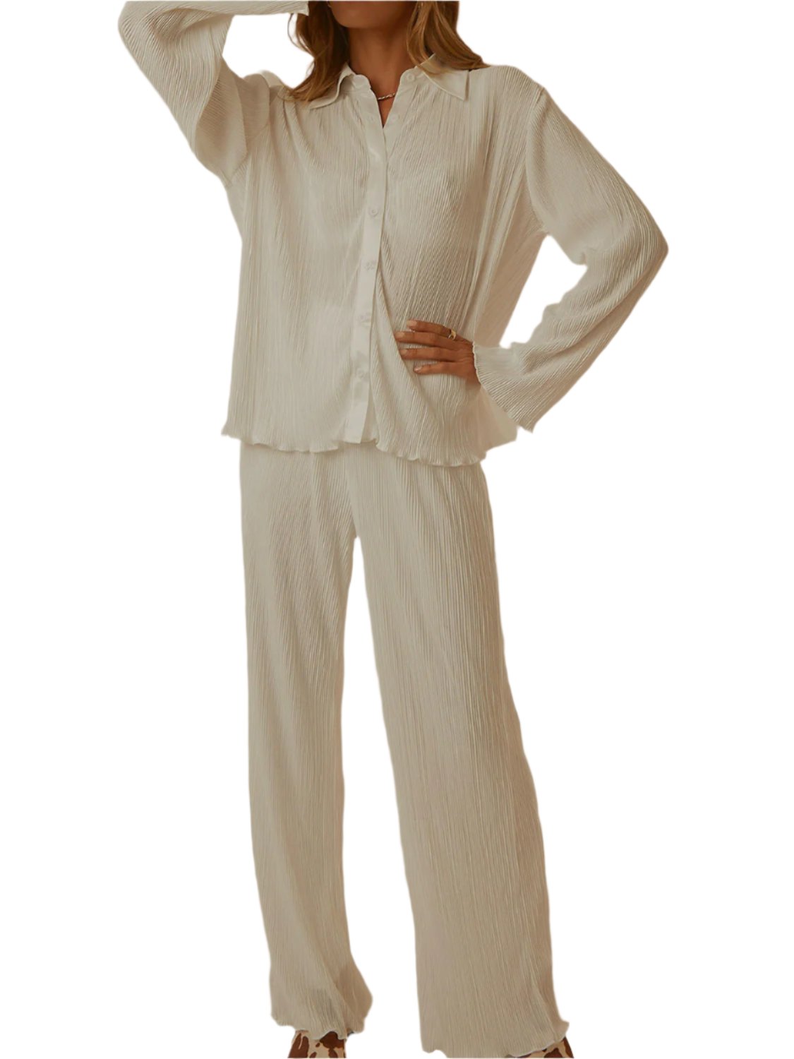 Collared Neck Long Sleeve Top and Pants Lounge Set - T - 5 COLORS -