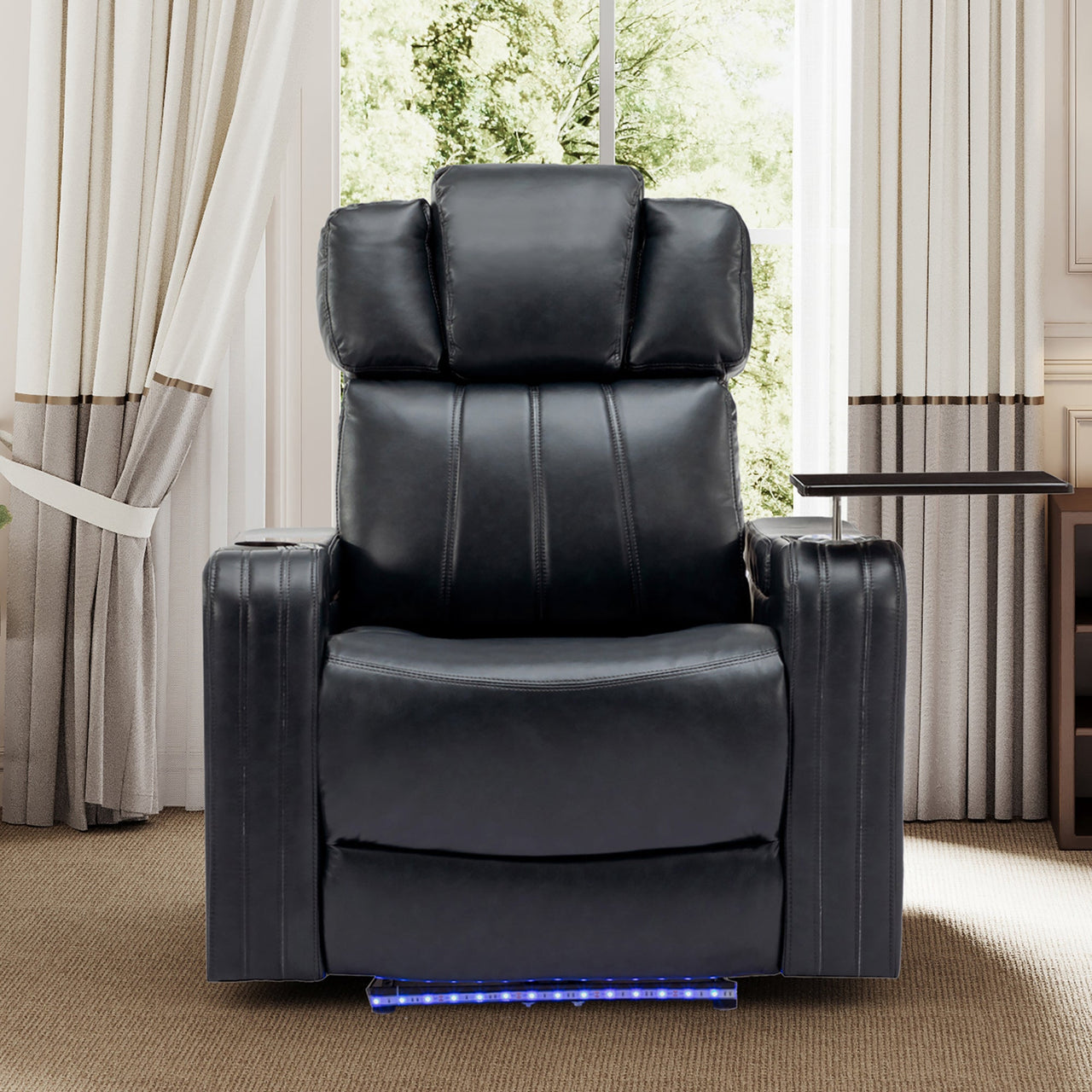 PU Leather Power Recliner Individual Seat Home Theater Recliner With Cooling Cup Holder, Bluetooth Speaker, LED Lights,