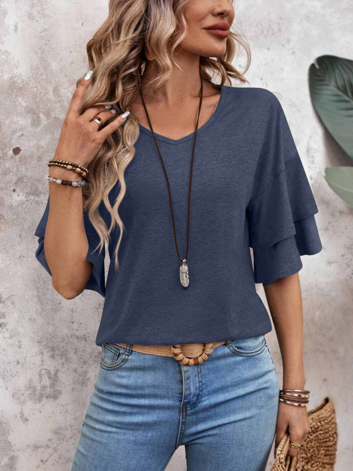 V-Neck Half Sleeve Blouse - T - 5 COLORS -