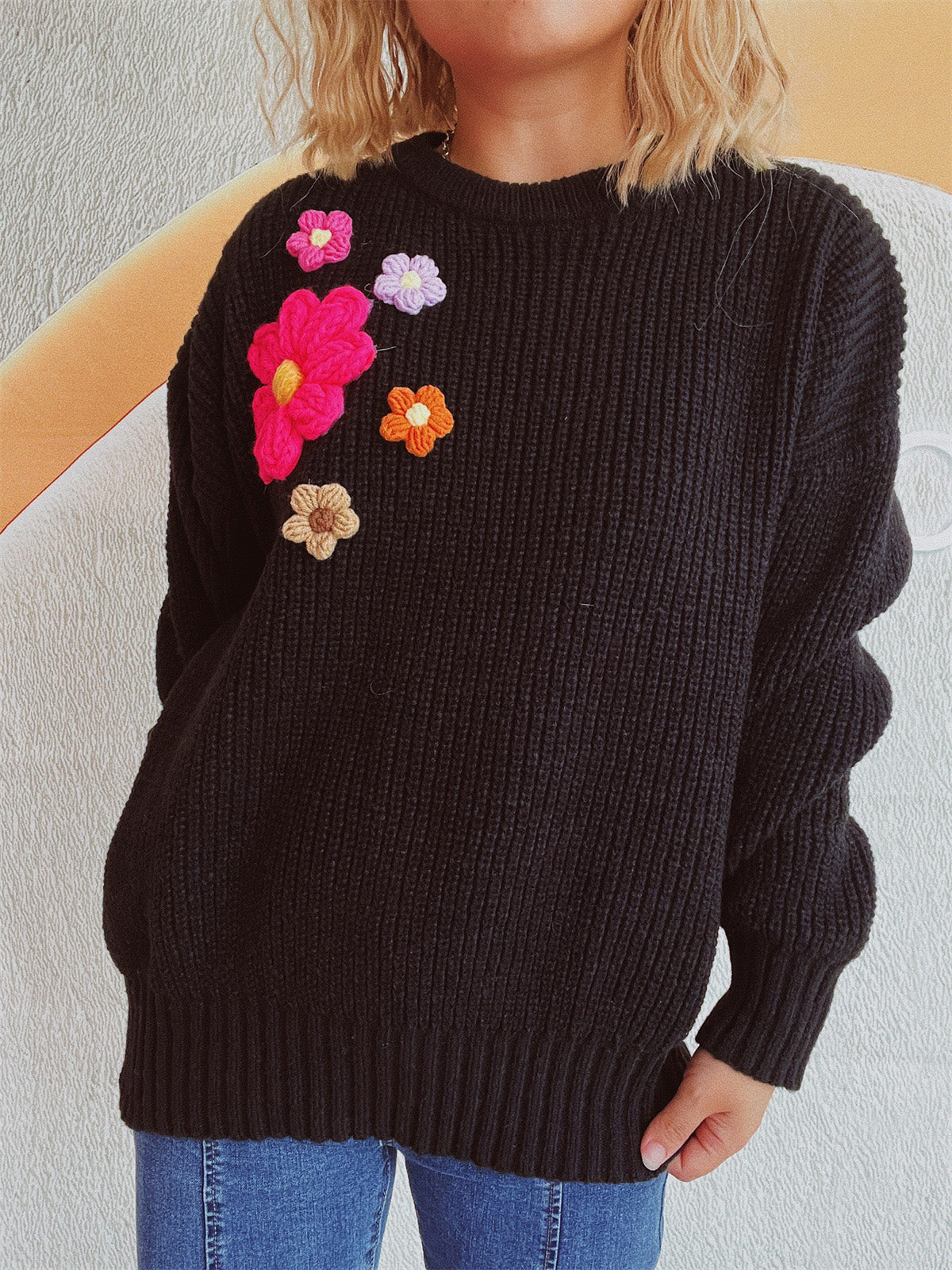 Crochet Flower Round Neck Dropped Shoulder Sweater - 1 OVERSIZE - T - 3 COLORS -