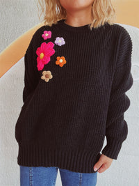 Thumbnail for Crochet Flower Round Neck Dropped Shoulder Sweater - 1 OVERSIZE - T - 3 COLORS -