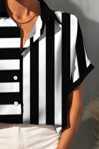 Thumbnail for Striped Button Up Short Sleeve Shirt - T - 1 COLOR -