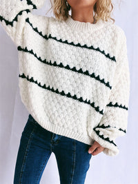 Thumbnail for Contrast Stripes Round Neck Long Sleeve Sweater - T - 2 COLORS -