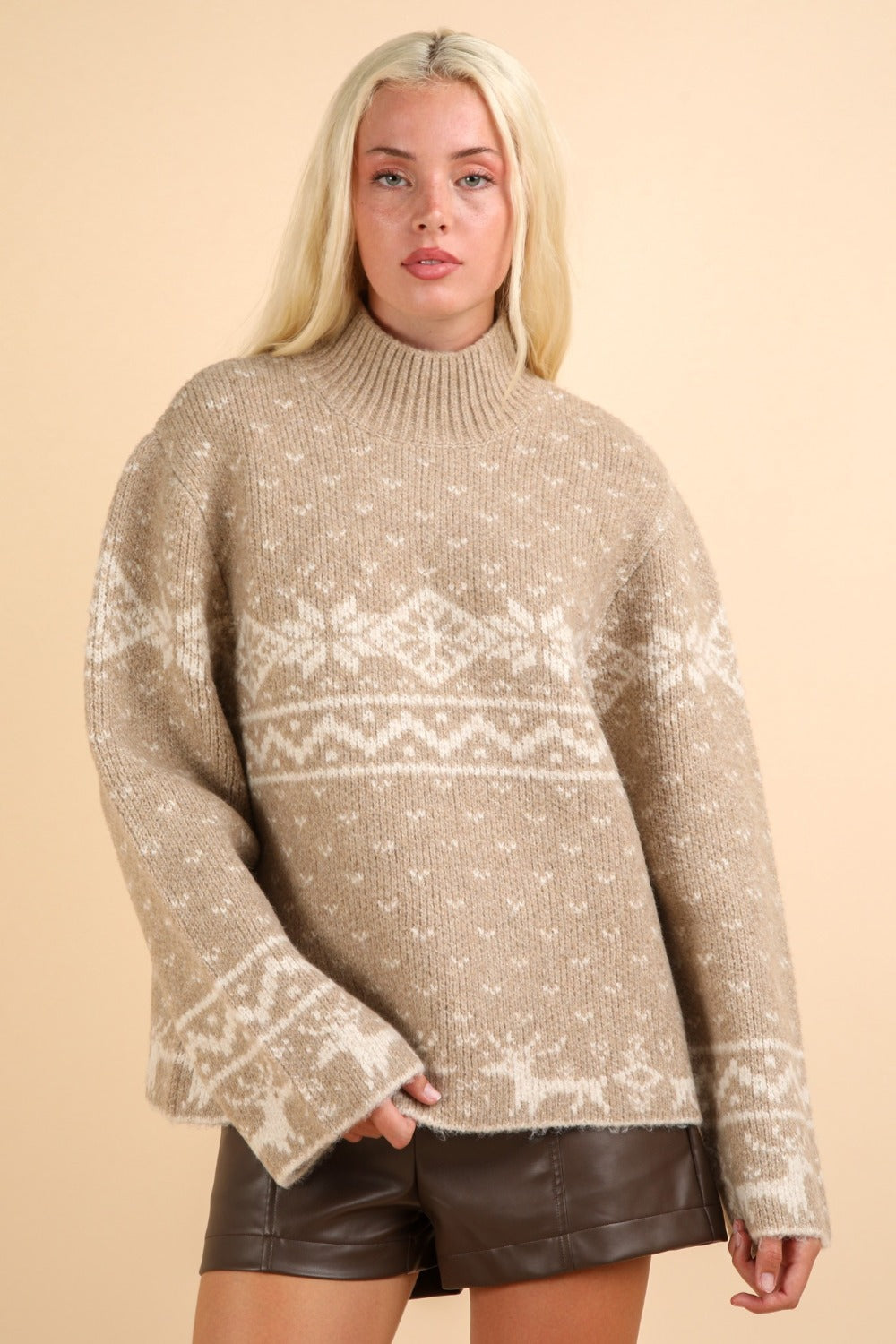 VERY J Christmas Element Mock Neck Long Sleeve Sweater - T - 1 COLOR -