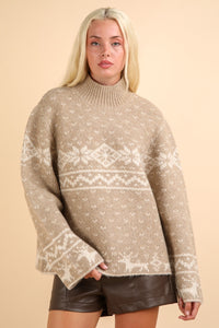 Thumbnail for VERY J Christmas Element Mock Neck Long Sleeve Sweater - T - 1 COLOR -