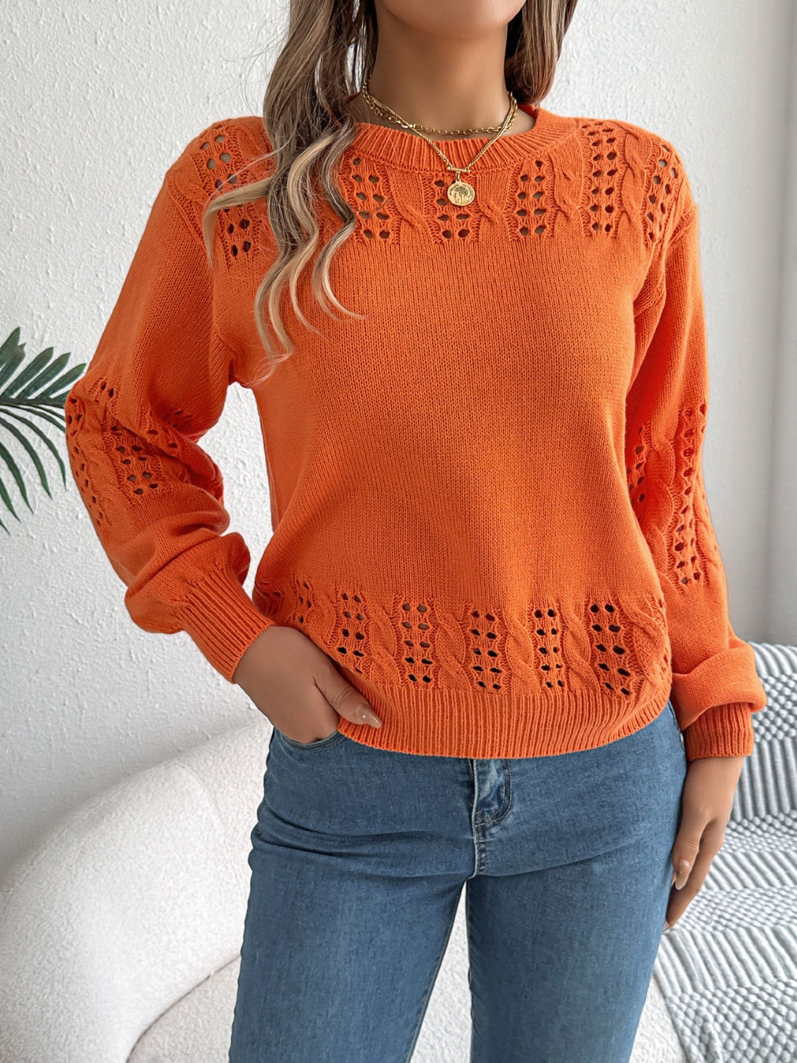 Openwork Round Neck Long Sleeve Sweater - T - 3 COLORS -