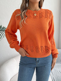 Thumbnail for Openwork Round Neck Long Sleeve Sweater - T - 3 COLORS -