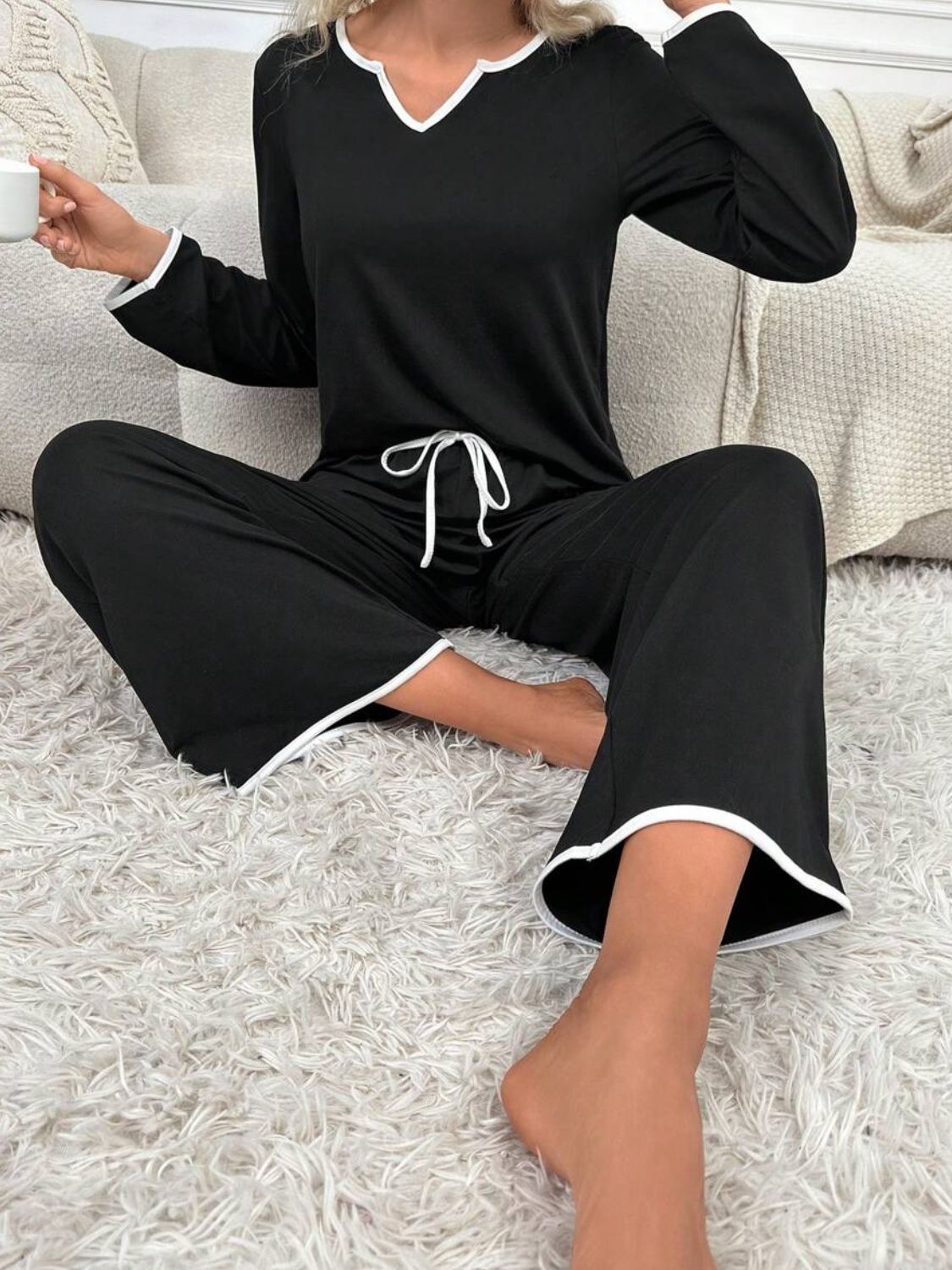 Contrast Trim Notched Long Sleeve Top and Pants Lounge Set - 2 PCS. - T - 1 COLOR -