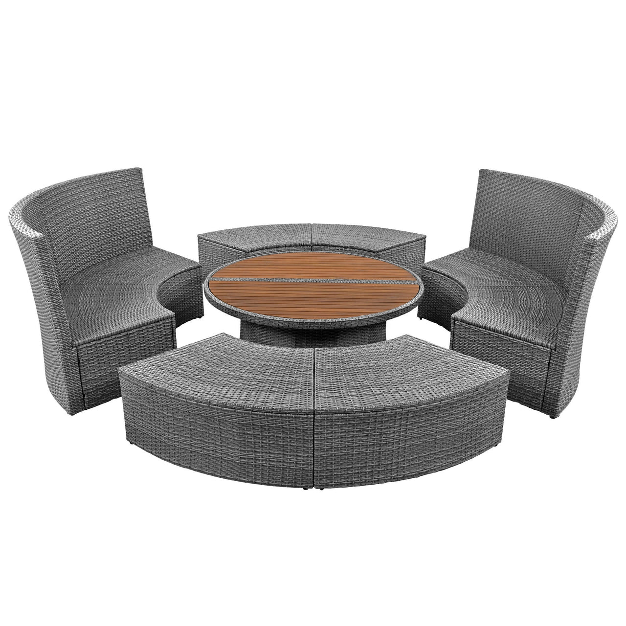 Patio 5-Piece Round Rattan Sectional Sofa Set All-Weather PE Wicker Sunbed Daybed With Round Liftable Table and Washable