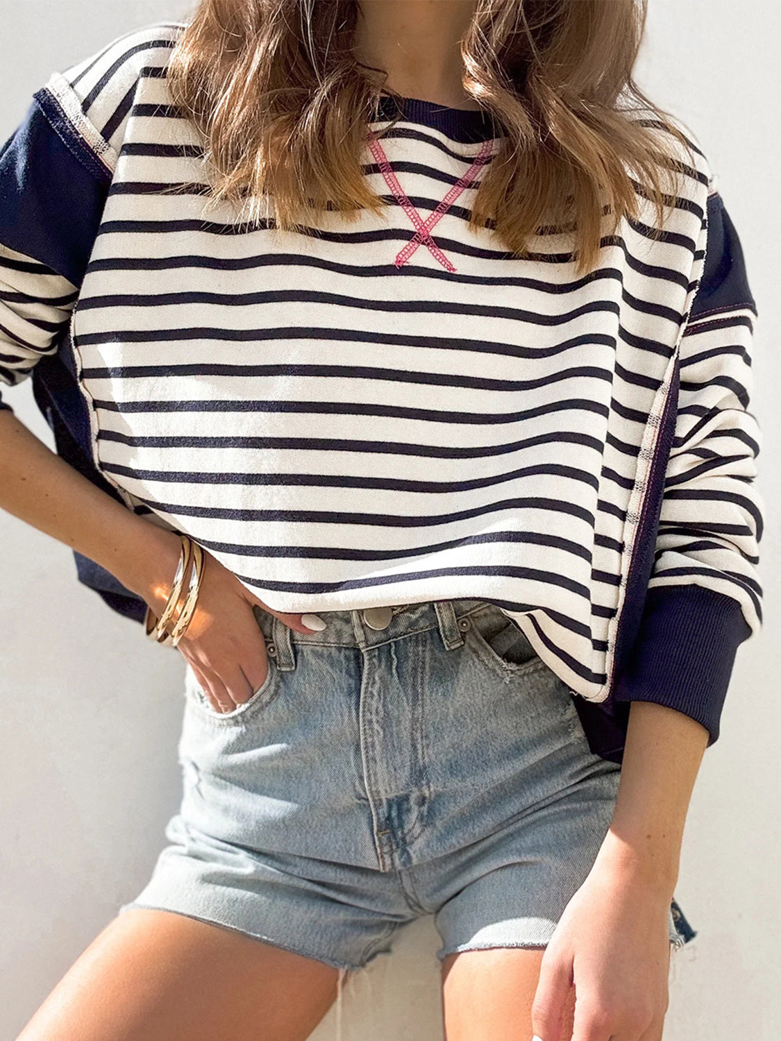 Slit Exposed Seam Striped Long Sleeve Sweatshirt - T - 8 COLORS -