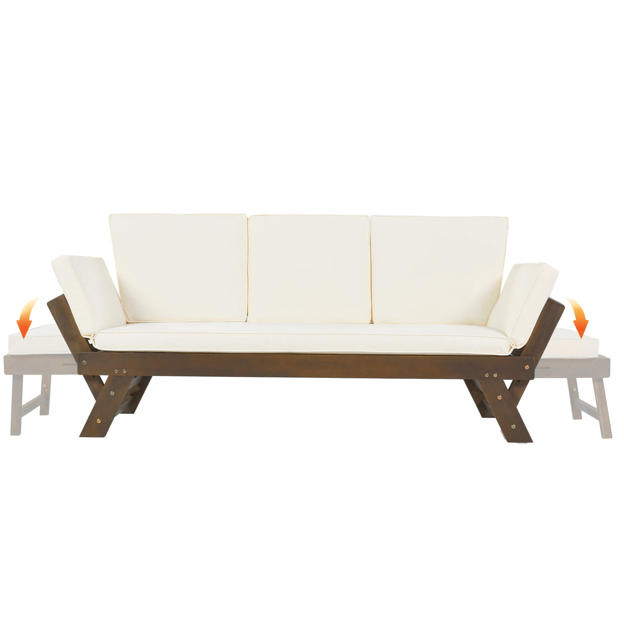 Outdoor Adjustable Patio Wooden Daybed Sofa Chaise Lounge With Cushions for Small Places, Brown Finish+Beige Cushion