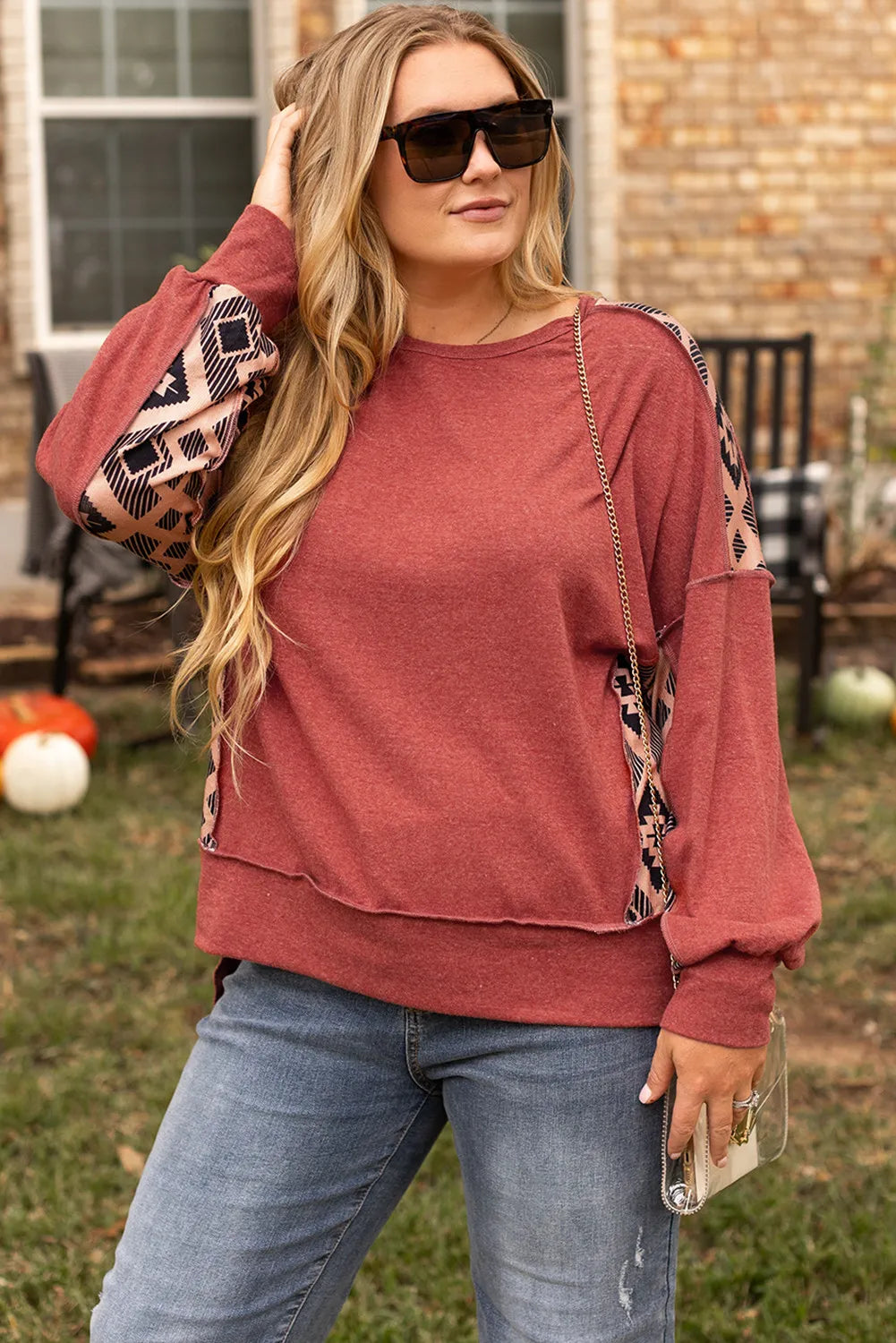 Plus Size Geometric Round Neck Long Sleeve Sweatshirt - XL THRU 4XL ONLY - T - 1 COLOR -