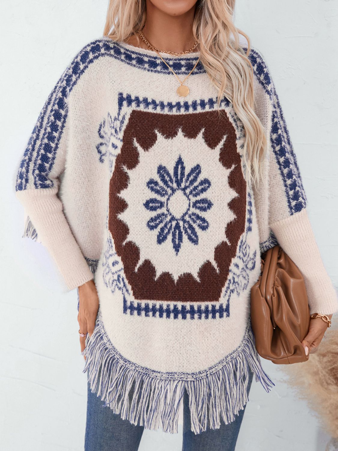 Fringe Geometric Long Sleeve Poncho - 1 SIZE - T - 2 COLORS -