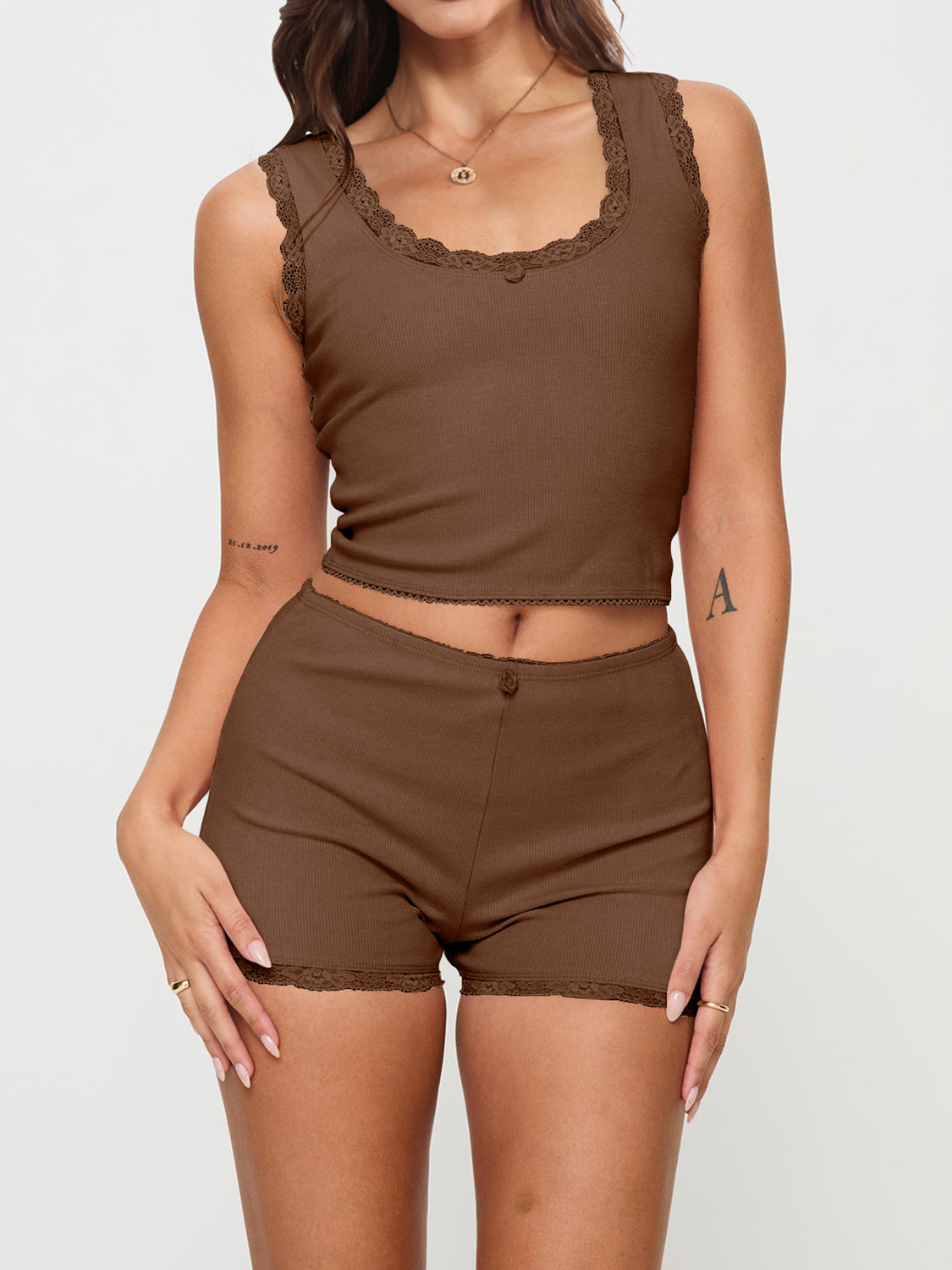 Scoop Neck Wide Strap Top and Shorts set - 2 PCS. - T - 6 COLORS -