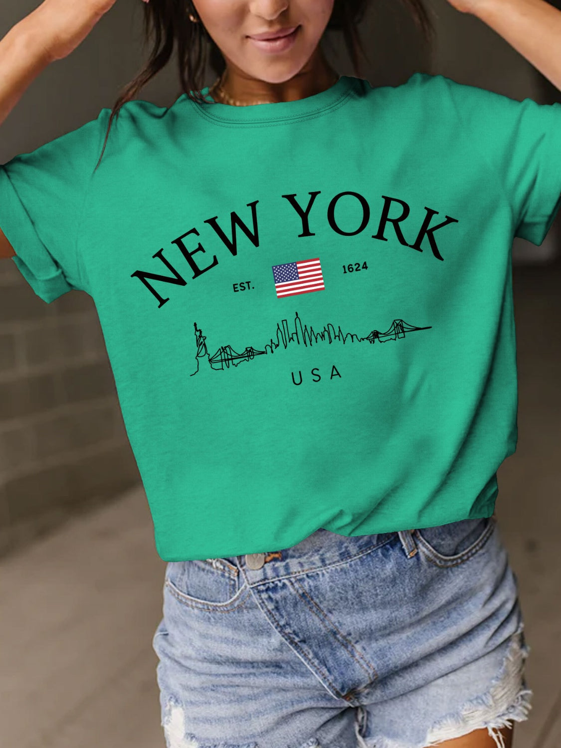 New York Skyline Letter Graphic Round Neck Short Sleeve T-Shirt - 10 COLORS -