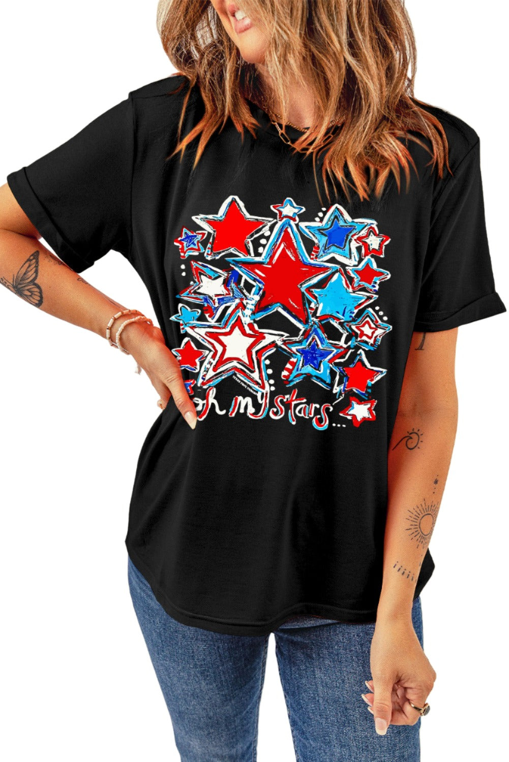 Graphic Round Neck "Oh my stars" Short Sleeve T-Shirt - T - 1 COLOR -